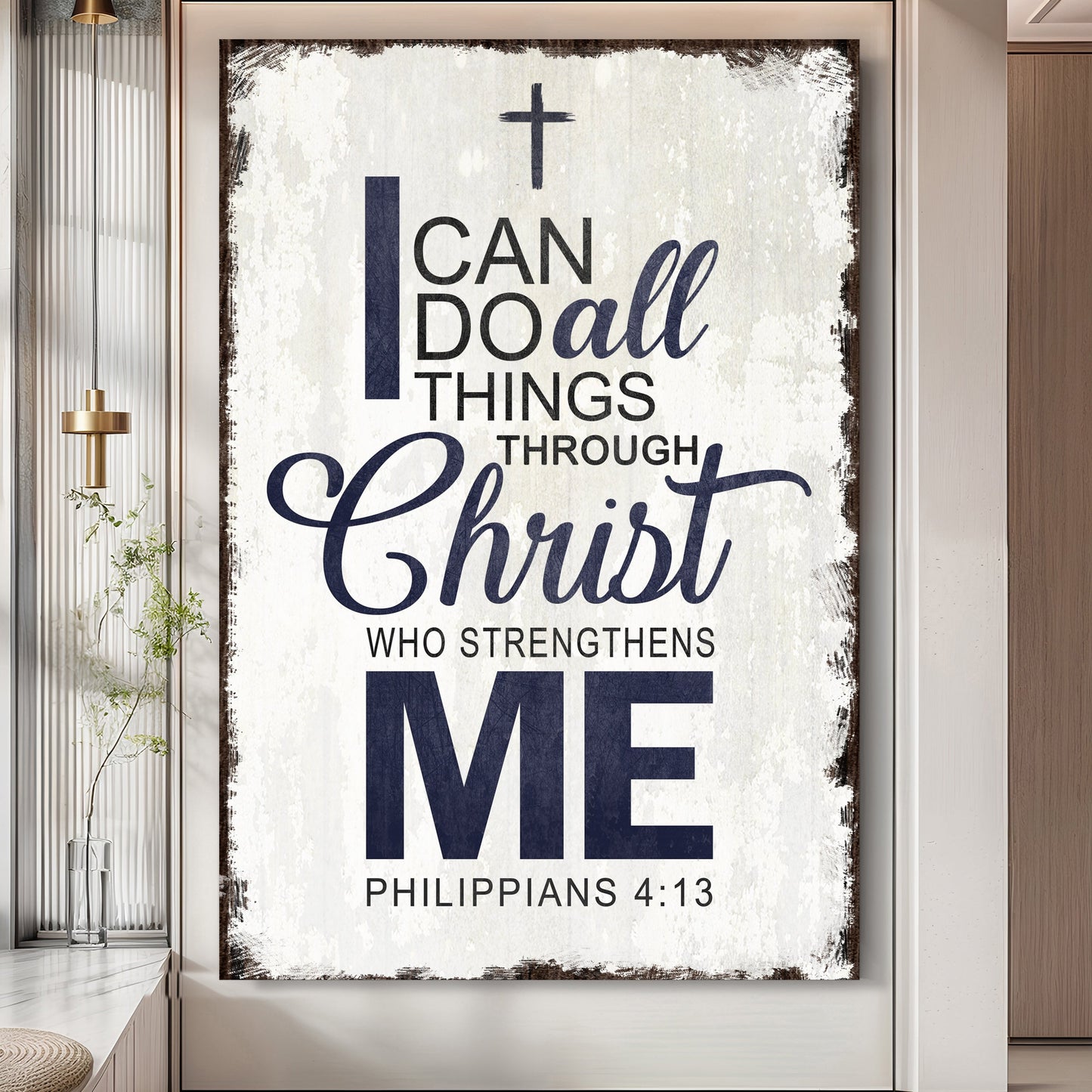 Canvas wall art featuring Philippians 4:13 Bible verse in elegant lettering, designed by Tailored Canvases.