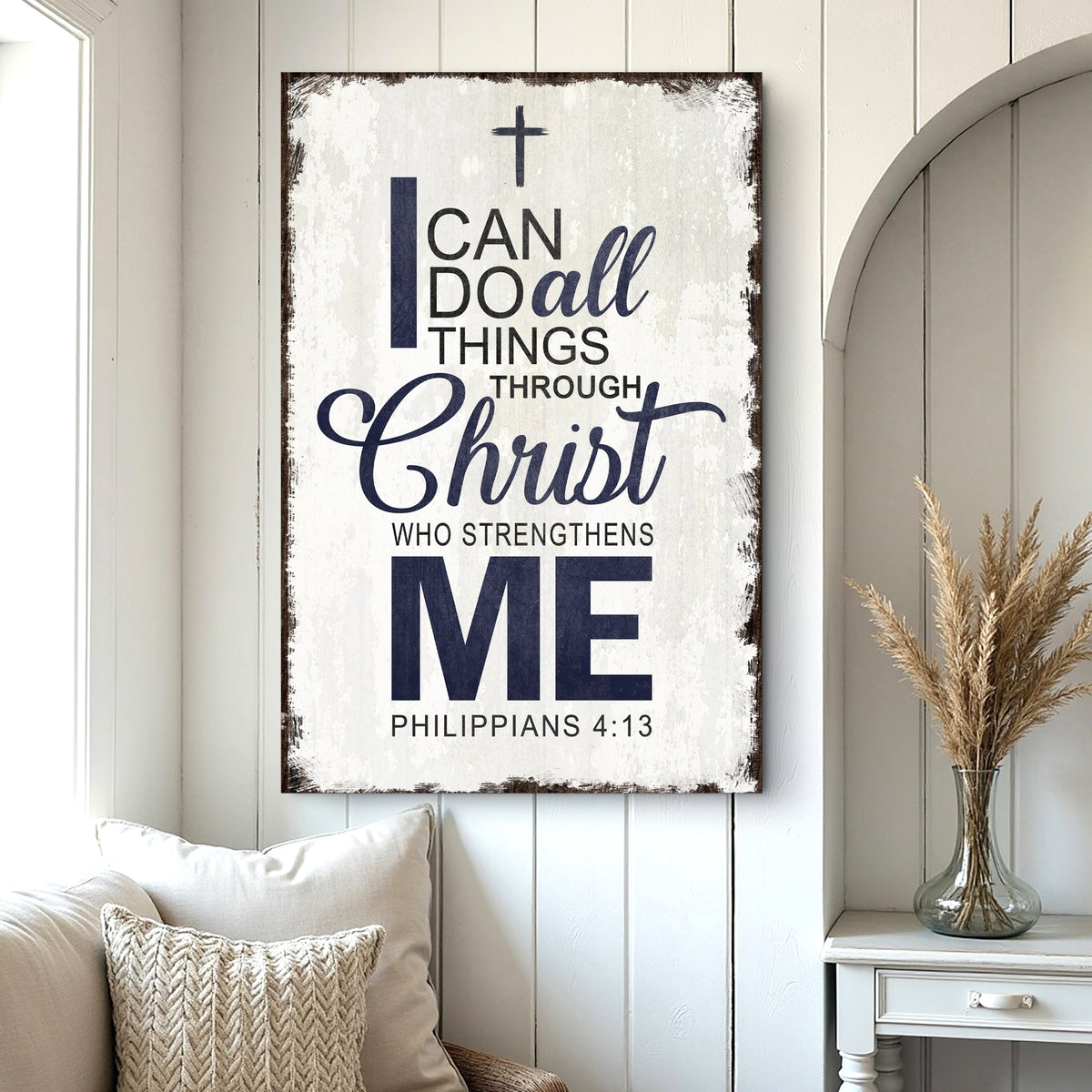 Canvas wall art featuring Philippians 4:13 scripture, "I Can Do All Things Through Christ" by Tailored Canvases.