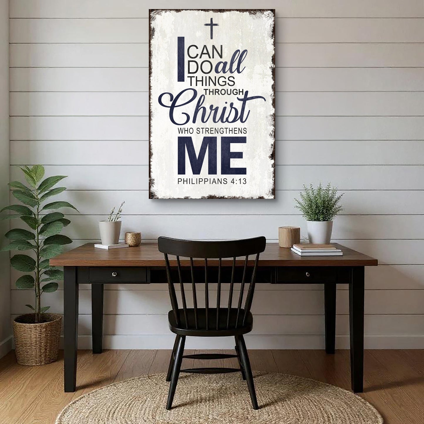 Canvas faith sign featuring Philippians 4:13 "I Can Do All Things Through Christ" by Tailored Canvases, with inspirational scripture text.