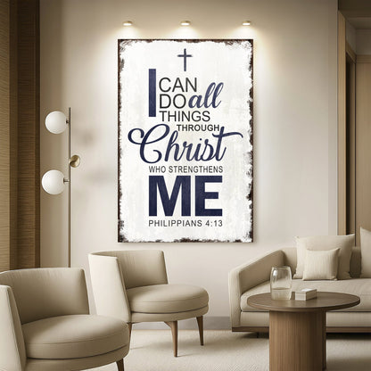 Canvas faith sign featuring Philippians 4:13 I Can Do All Things Through Christ, by Tailored Canvases, with inspirational scripture design.