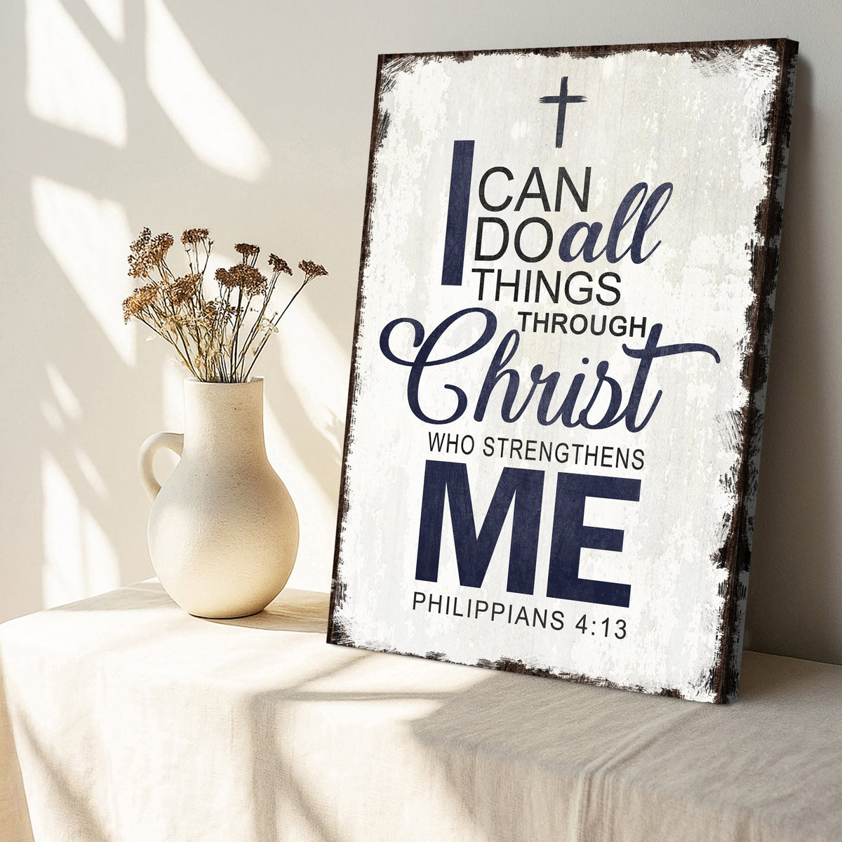 Canvas faith sign featuring Philippians 4:13 "I Can Do All Things Through Christ" with elegant lettering and decorative design.