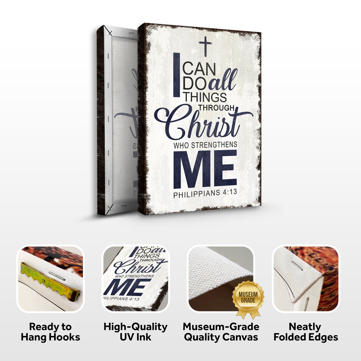 Canvas faith sign featuring Philippians 4:13 with inspirational quote in elegant lettering, from Tailored Canvases.