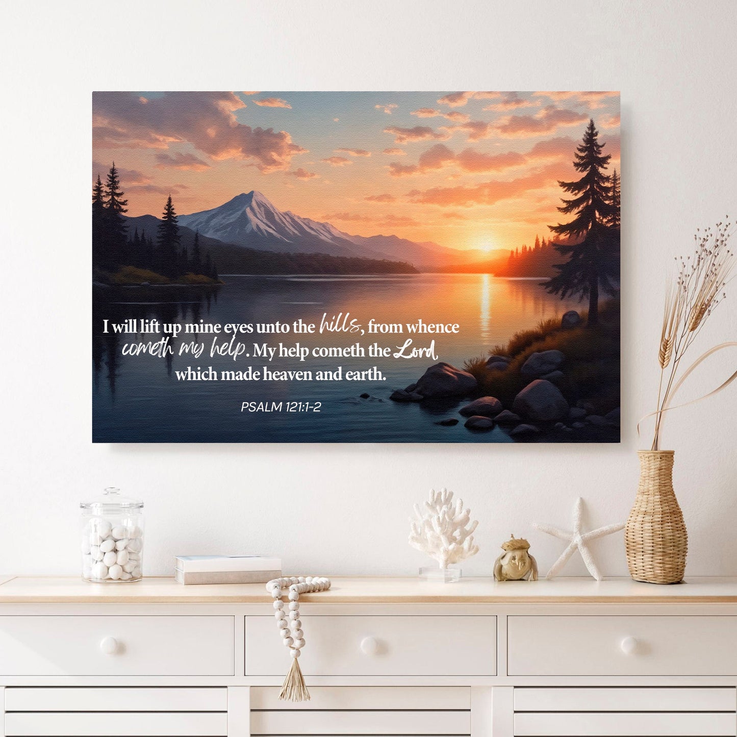 Canvas wall sign featuring Psalm 121:1-2, a Song of Ascents, with faith-themed design by Tailored Canvases.