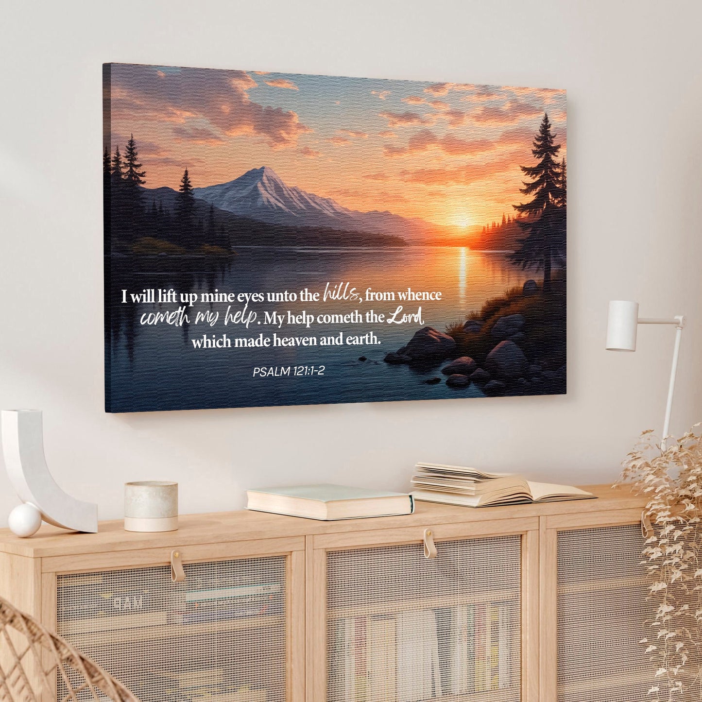 Canvas wall sign featuring Psalm 121:1-2, "A Song of Ascents," with faith-themed design by Tailored Canvases.