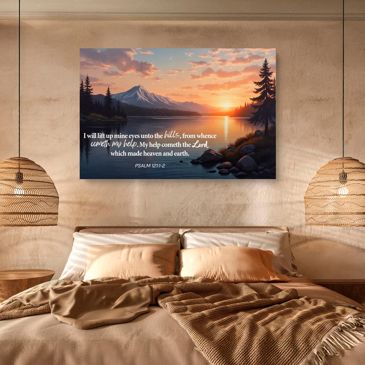 Canvas wall sign featuring Psalm 121:1-2, a Song of Ascents, with religious text and decorative design from Tailored Canvases.
