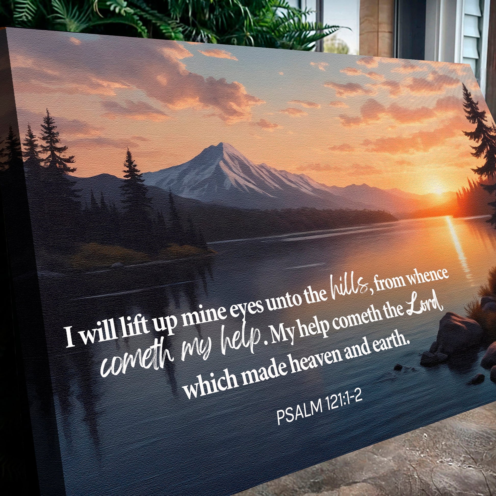 Canvas wall sign featuring Psalm 121:1-2, a song of ascents, with elegant typography on a plain background.