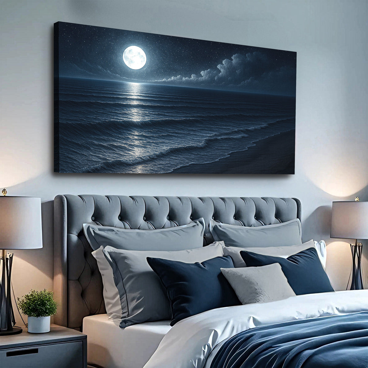 Canvas wall art depicting a scenic beach shoreline with coastal landscape, by Tailored Canvases.