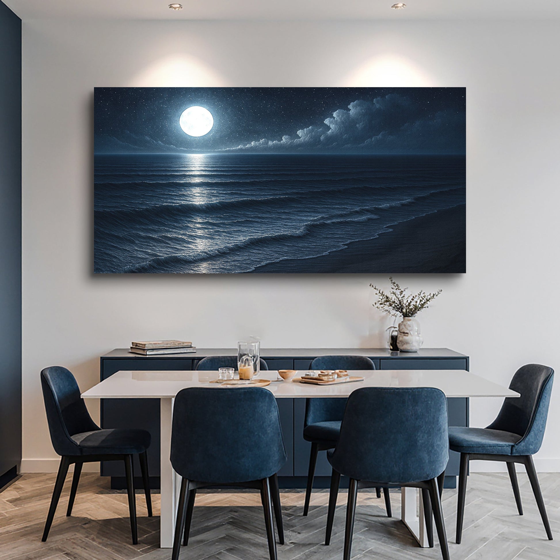 Canvas wall art by Tailored Canvases featuring a serene beach shoreline scene for coastal home decor.