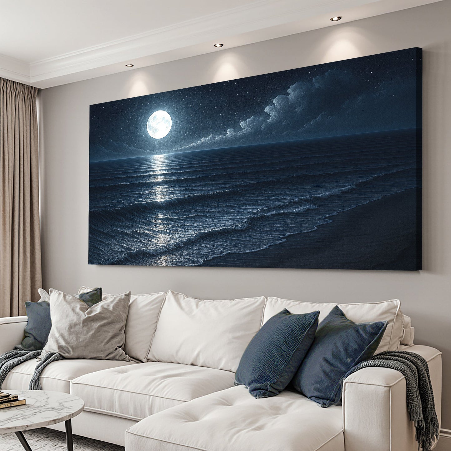 Canvas wall art of a beach shoreline scene by Tailored Canvases, featuring coastal landscape and waves on a textured canvas.