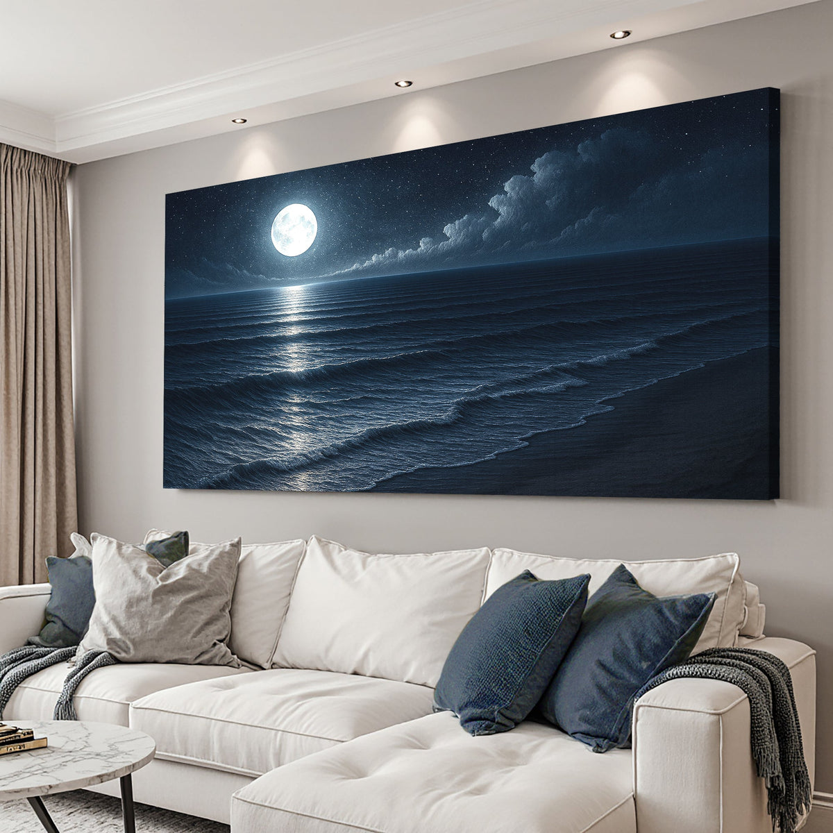 Canvas wall art of a beach shoreline scene by Tailored Canvases, featuring coastal landscape and waves on a textured canvas.