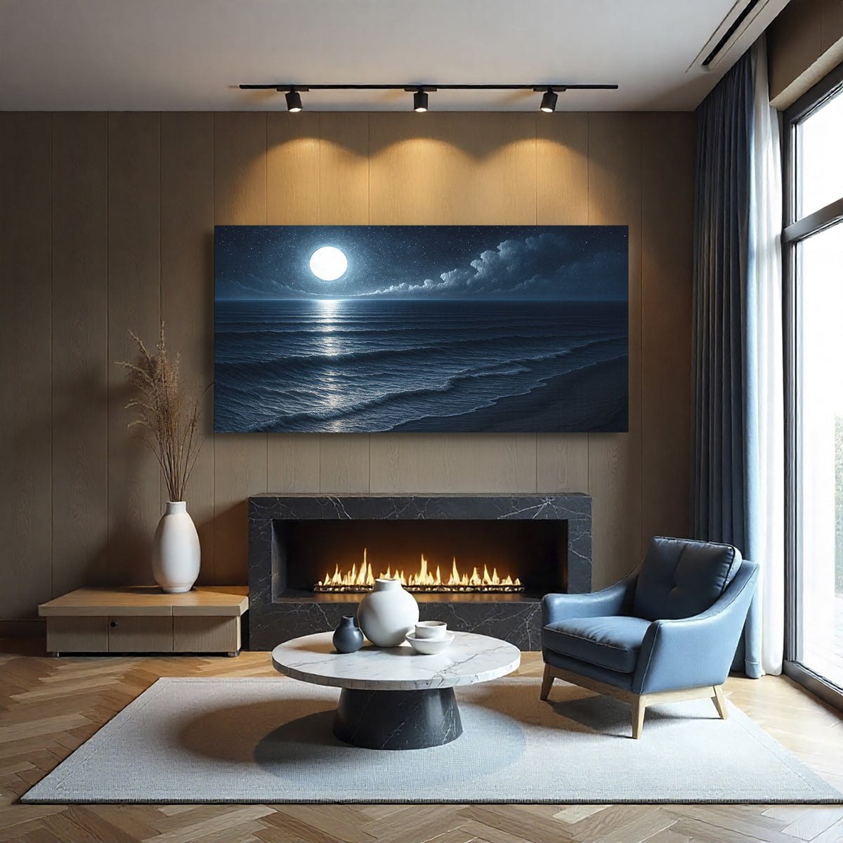 Canvas wall art featuring a serene beach shoreline scene by Tailored Canvases, perfect for coastal home decor.