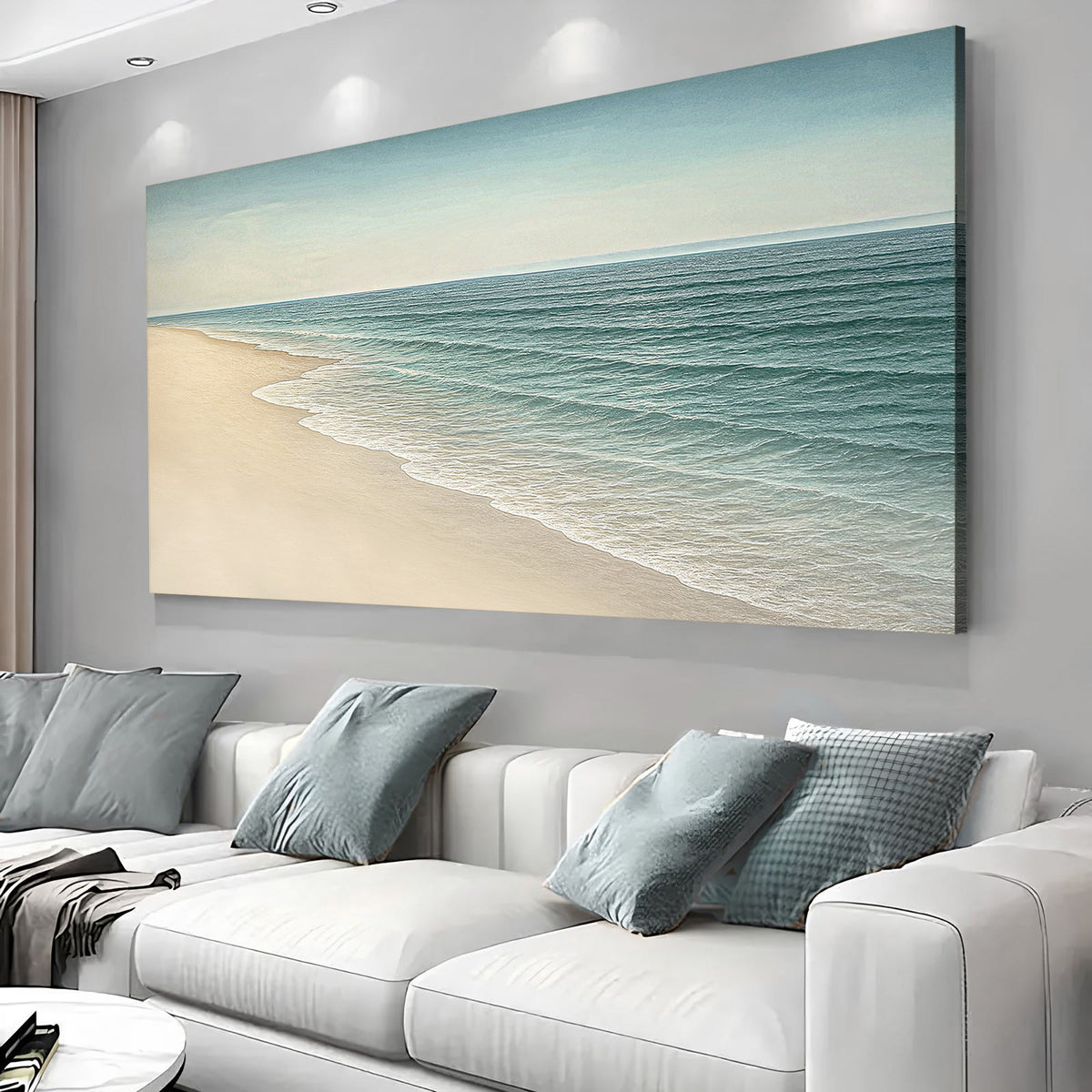 Canvas wall art featuring a serene shoreline coastal scene, by Tailored Canvases, ideal for beach-inspired home decor.