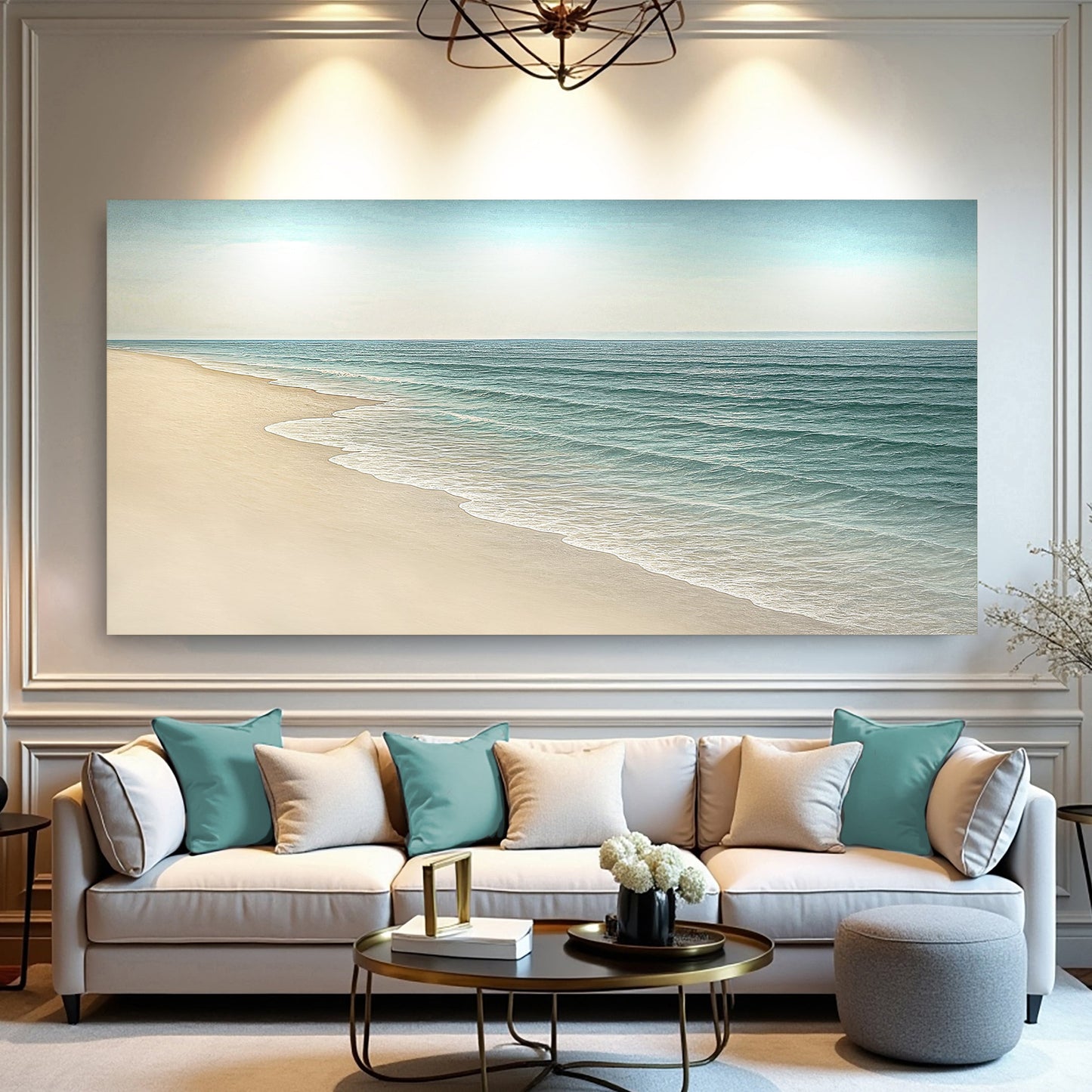 Coastal beach shoreline wall art canvas by Tailored Canvases, featuring serene seaside scene with gentle waves and sandy shore.