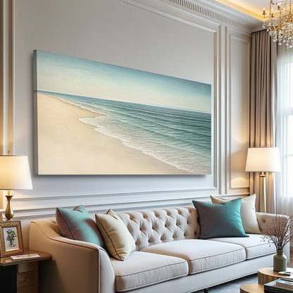 Canvas wall art featuring a serene beach shoreline scene, by Tailored Canvases, perfect for coastal home decor.