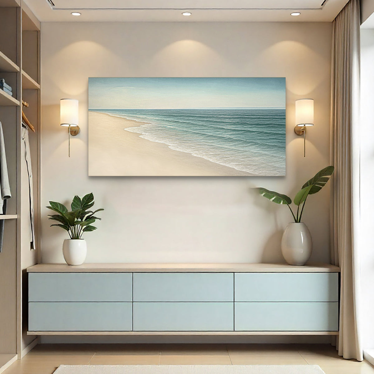Canvas wall art featuring a serene beach shoreline scene, by Tailored Canvases, perfect for coastal or beach-themed decor.