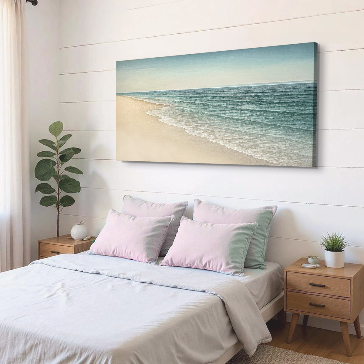 Beach shoreline coastal wall art canvas by Tailored Canvases, featuring a serene seaside landscape with sandy beach and ocean waves.