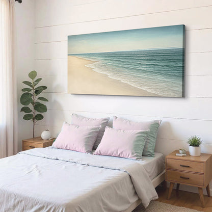 Beach shoreline coastal wall art canvas by Tailored Canvases, featuring a serene seaside landscape with sandy beach and ocean waves.
