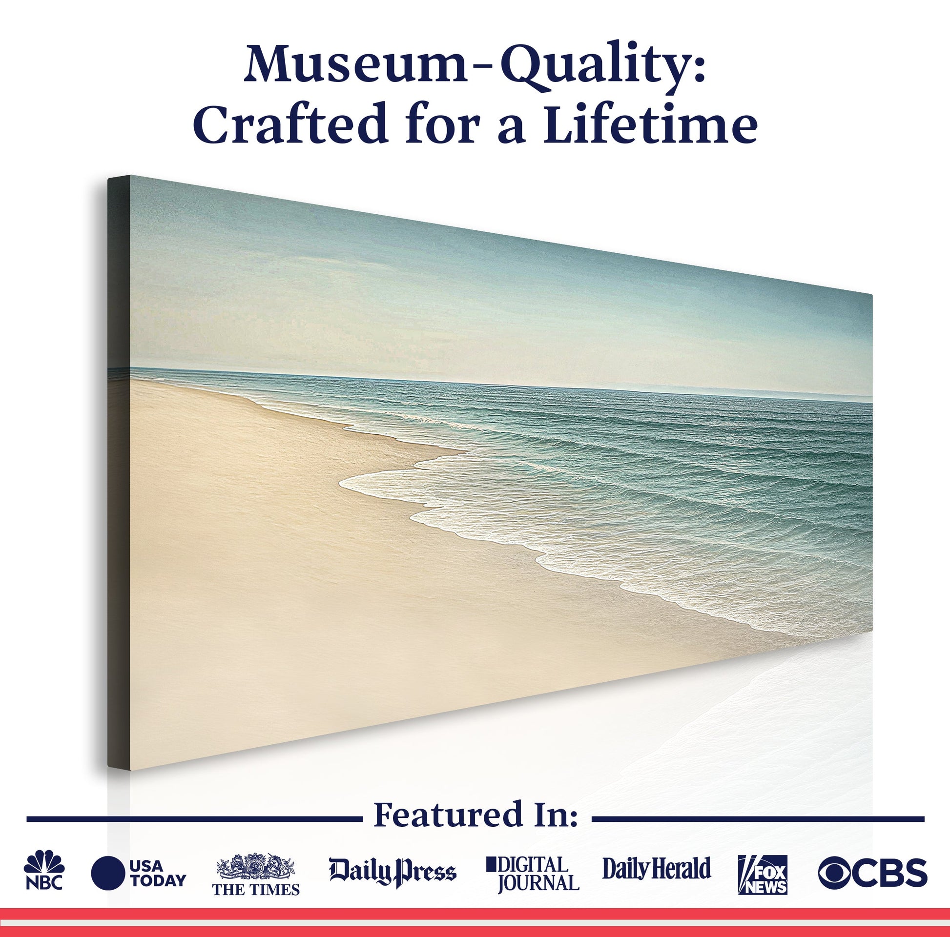 Beach shoreline coastal wall art canvas by Tailored Canvases, depicting serene ocean waves and sandy shoreline scene.