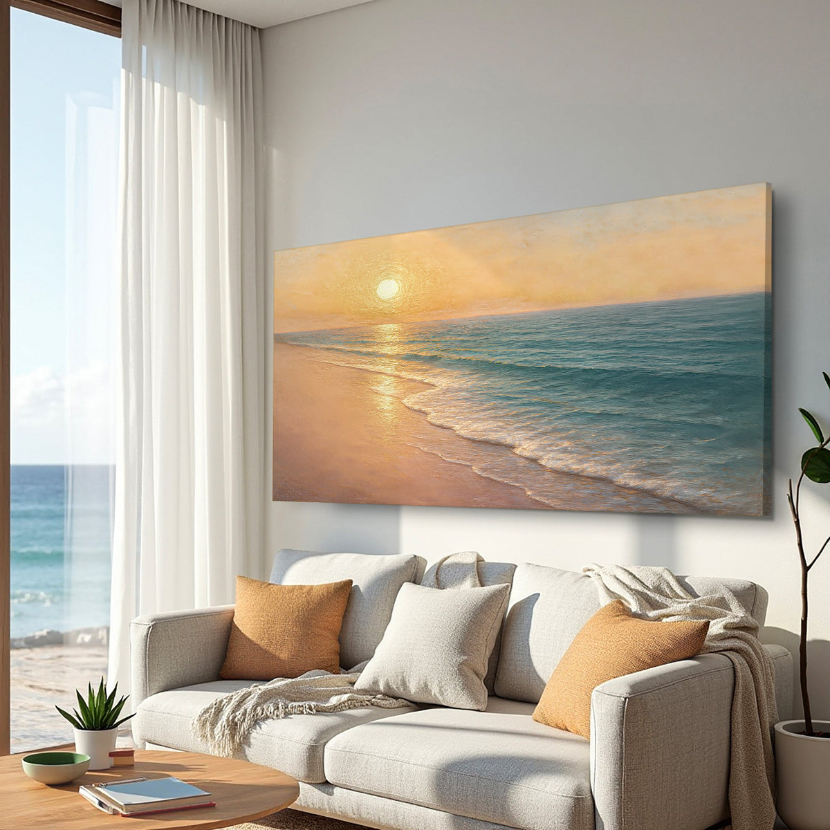 Canvas wall art featuring a serene beach shoreline scene, designed by Tailored Canvases for coastal home decor.