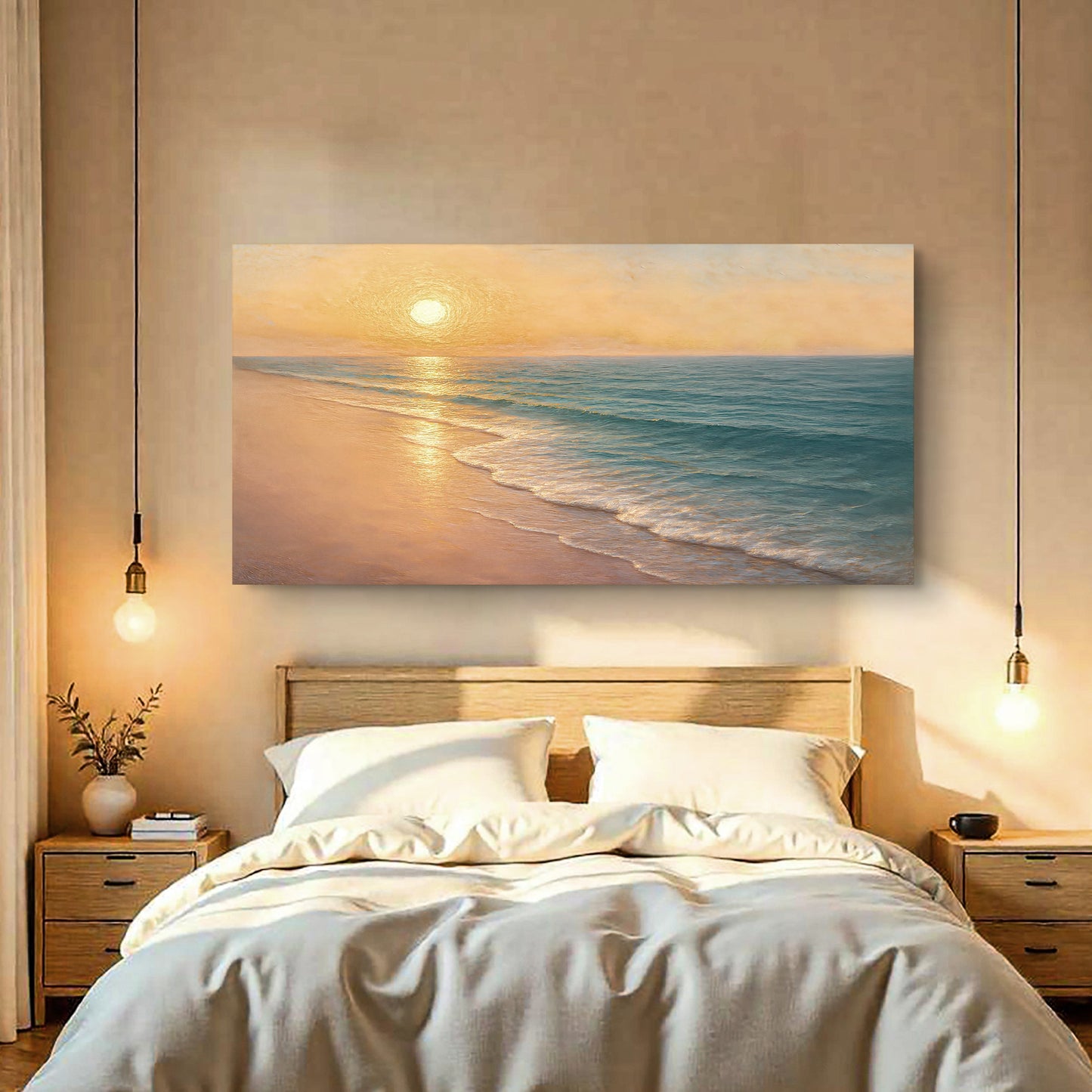 Beach shoreline coastal wall art canvas by Tailored Canvases, featuring a serene ocean scene with sandy beach and waves.