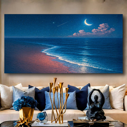 Coastal beach shoreline canvas wall art by Tailored Canvases, featuring serene ocean scene on framed canvas.