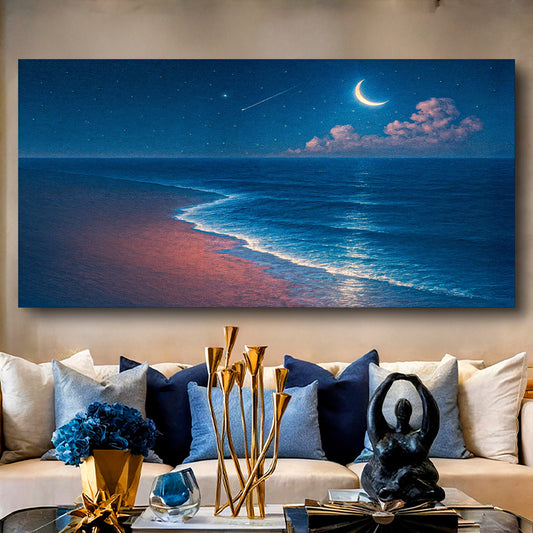 Coastal beach shoreline canvas wall art by Tailored Canvases, featuring serene ocean scene on framed canvas.
