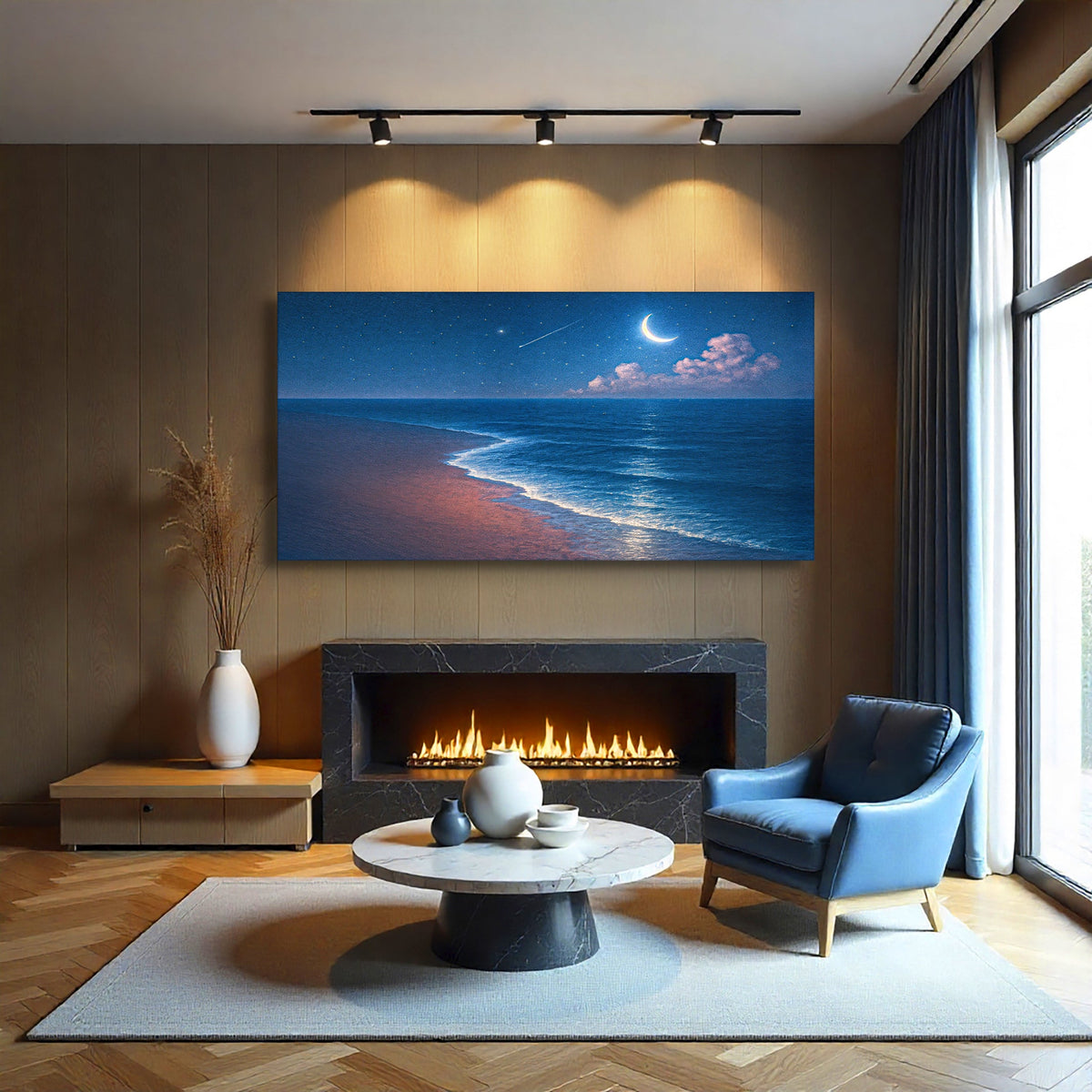 Coastal beach shoreline wall art canvas by Tailored Canvases featuring a serene seaside scene with sandy beach and gentle waves.