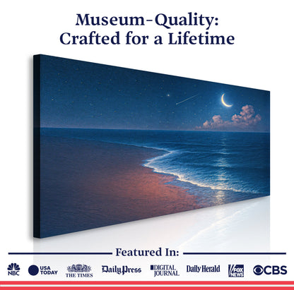 Beach shoreline coastal wall art canvas by Tailored Canvases, featuring a serene seaside scene with sandy beach and ocean waves.