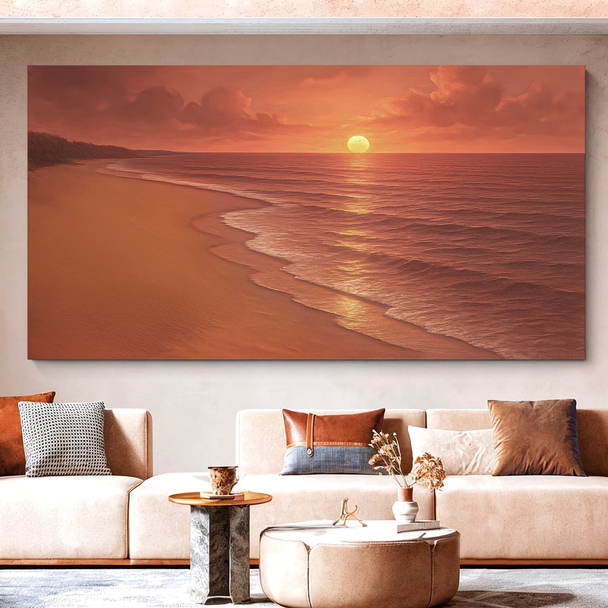 Canvas wall art featuring a serene beach shoreline scene, designed by Tailored Canvases for coastal home decor.