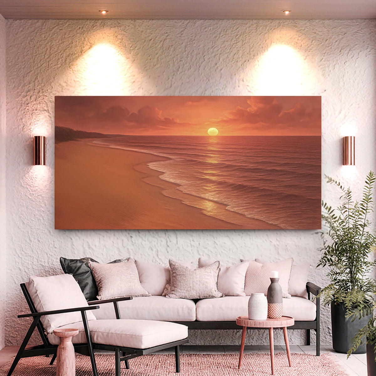 Canvas wall art featuring a serene shoreline coastal scene, designed by Tailored Canvases for beach-themed home decor.