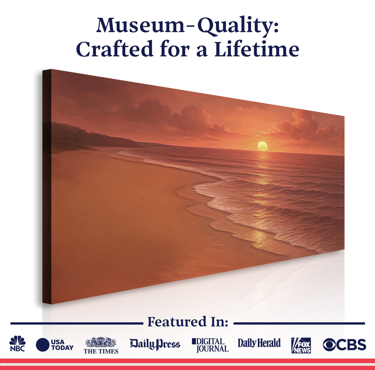 Canvas wall art featuring a serene beach shoreline scene, perfect for coastal home decor by Tailored Canvases.