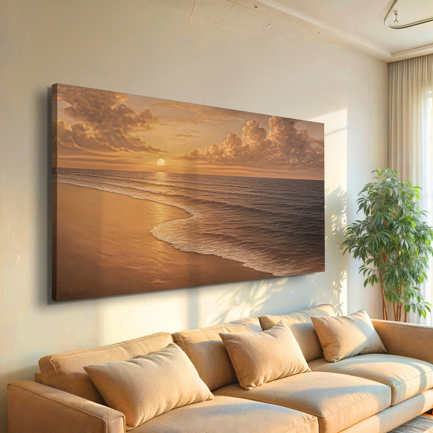 Canvas wall art featuring a serene beach shoreline scene, by Tailored Canvases, ideal for coastal or beach-themed decor.