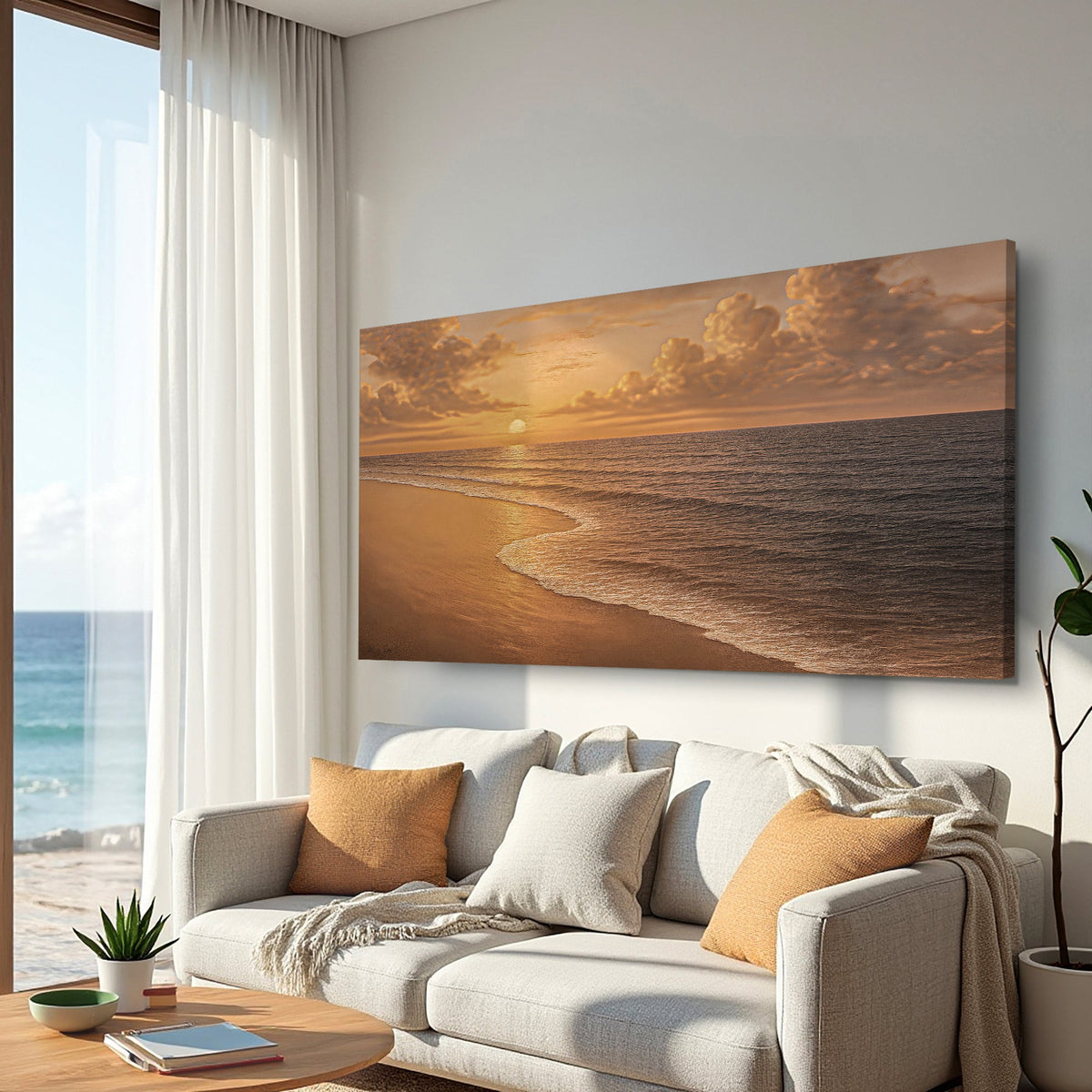 Beach shoreline coastal wall art canvas by Tailored Canvases featuring a serene seaside scene with gentle waves and sandy beach.