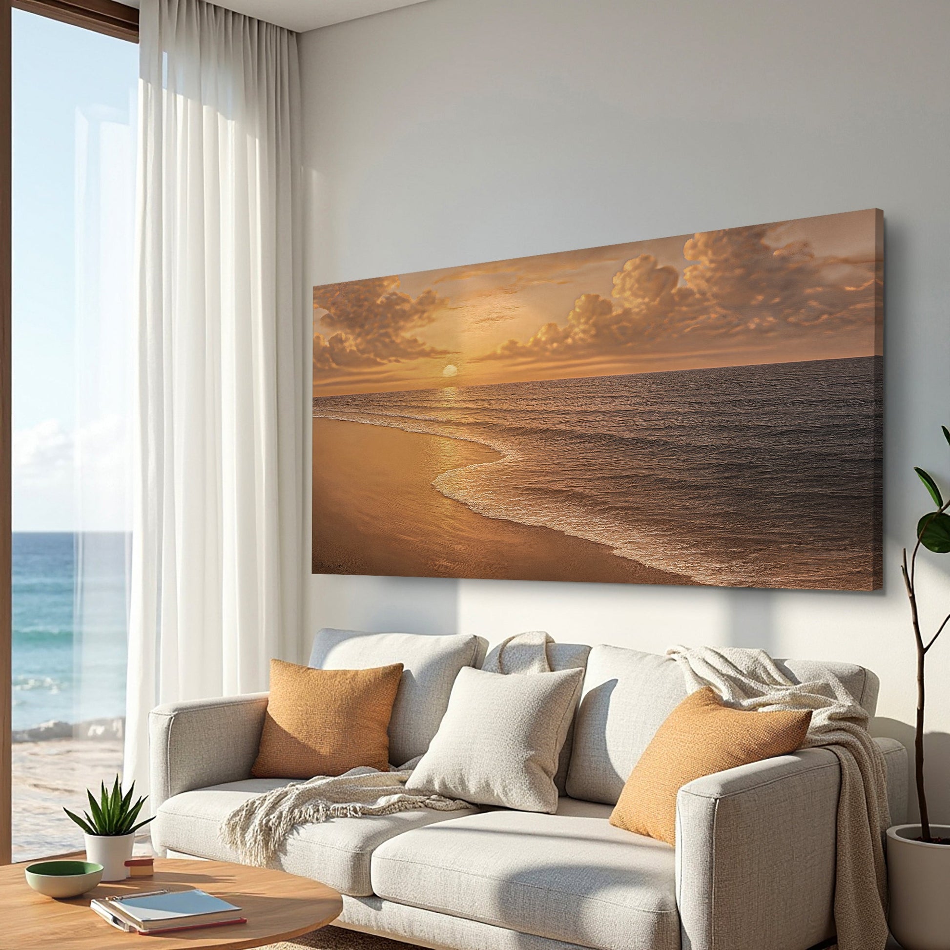 Beach shoreline coastal wall art canvas by Tailored Canvases featuring a serene seaside scene with gentle waves and sandy beach.