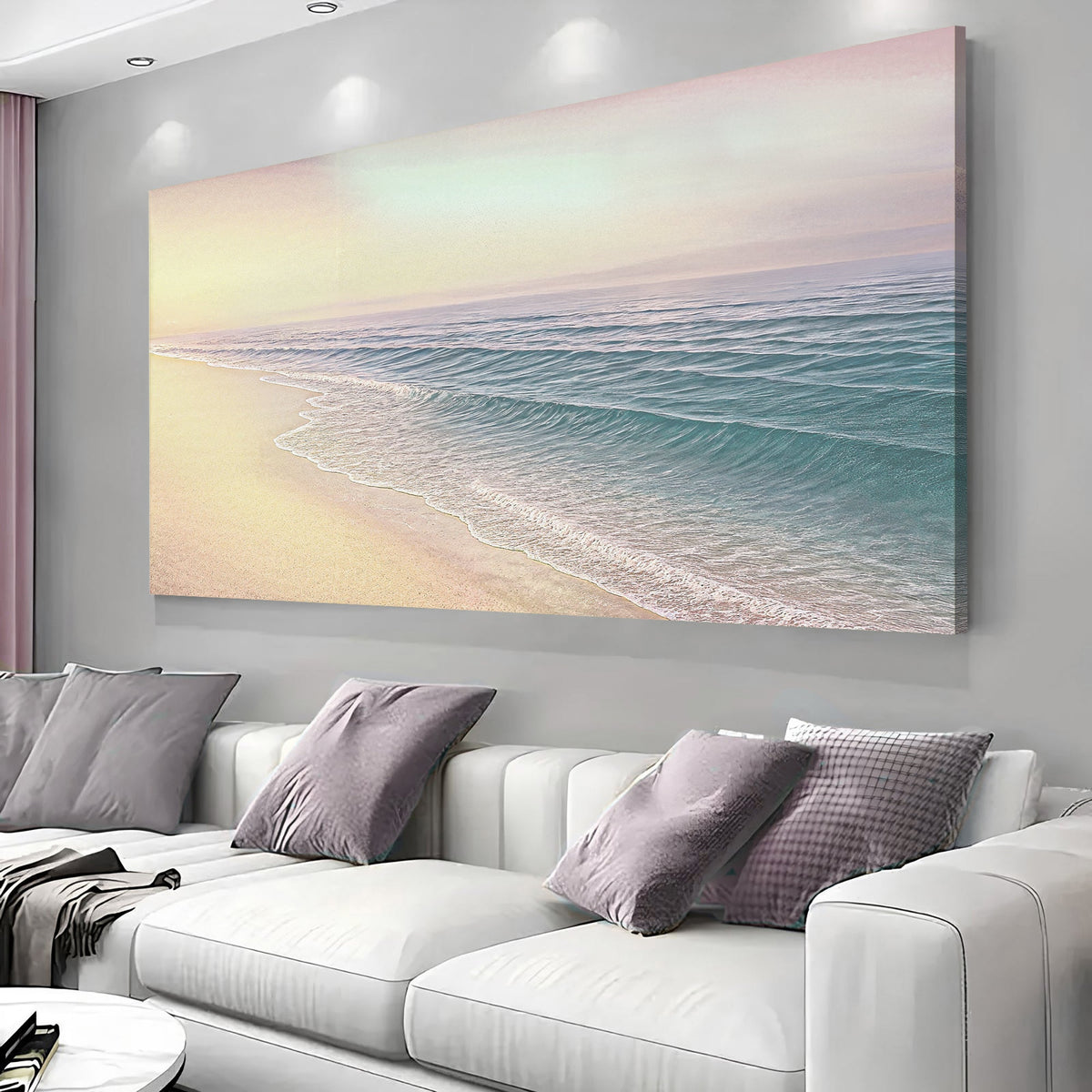 Beachside Bliss coastal wall art on canvas by Tailored Canvases, featuring a serene beach scene with sand and ocean waves.