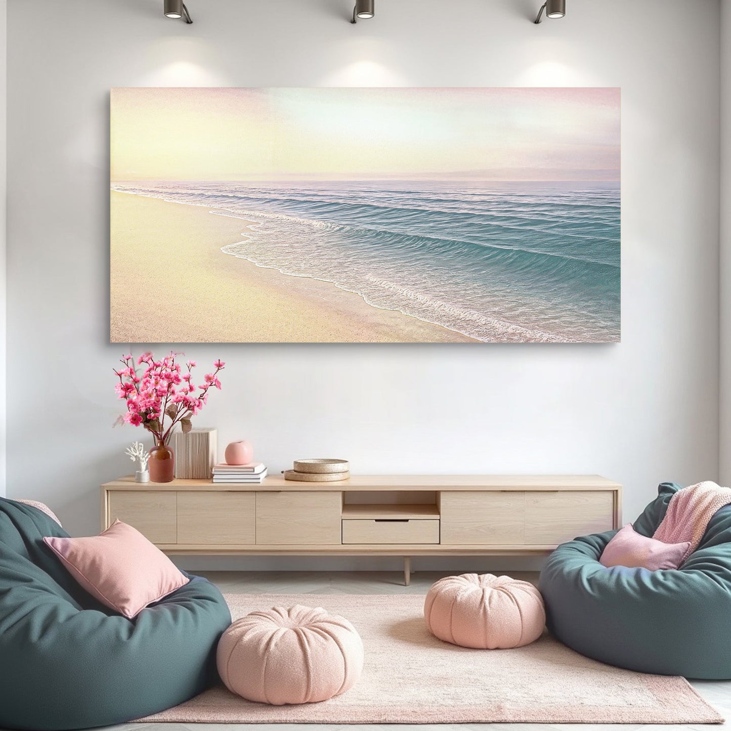 Beachside Bliss coastal wall art on canvas by Tailored Canvases, featuring a serene beach scene with ocean waves and sandy shores