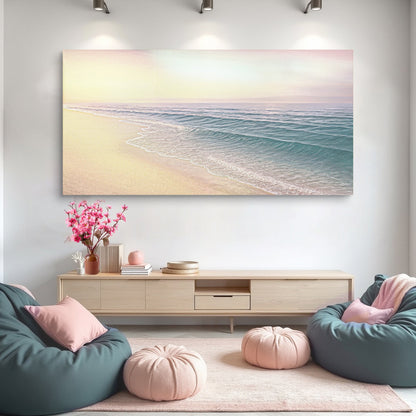 Beachside Bliss coastal wall art on canvas by Tailored Canvases, featuring a serene beach scene with ocean waves and sandy shores