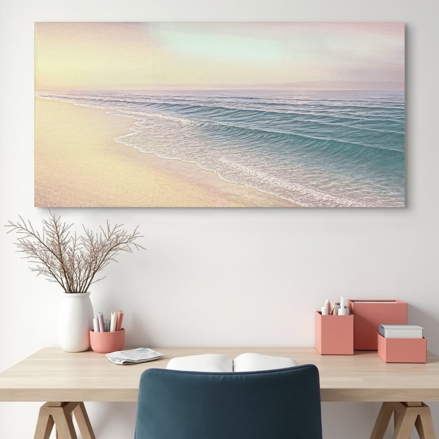 Coastal wall art canvas featuring beachside scene with sand and sea, by Tailored Canvases for coastal home decor.