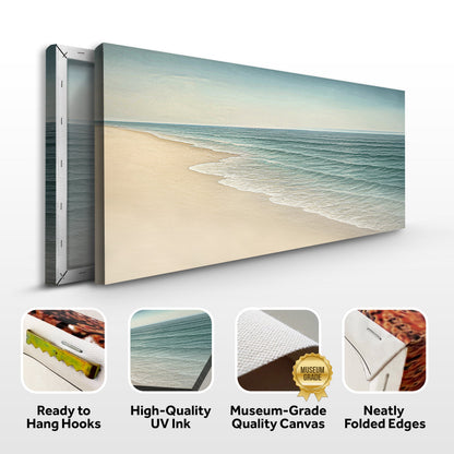 Canvas wall art featuring a coastal beach scene with sandy shores and ocean waves, designed by Tailored Canvases.
