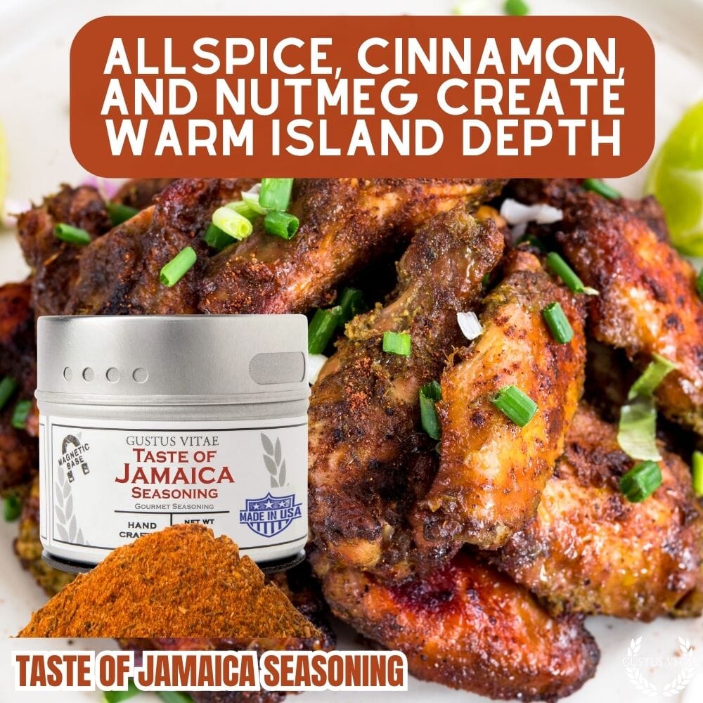 Jar of Taste of Jamaica gourmet seasoning by Gustus Vitae with colorful spices and herbs in a clear glass container.