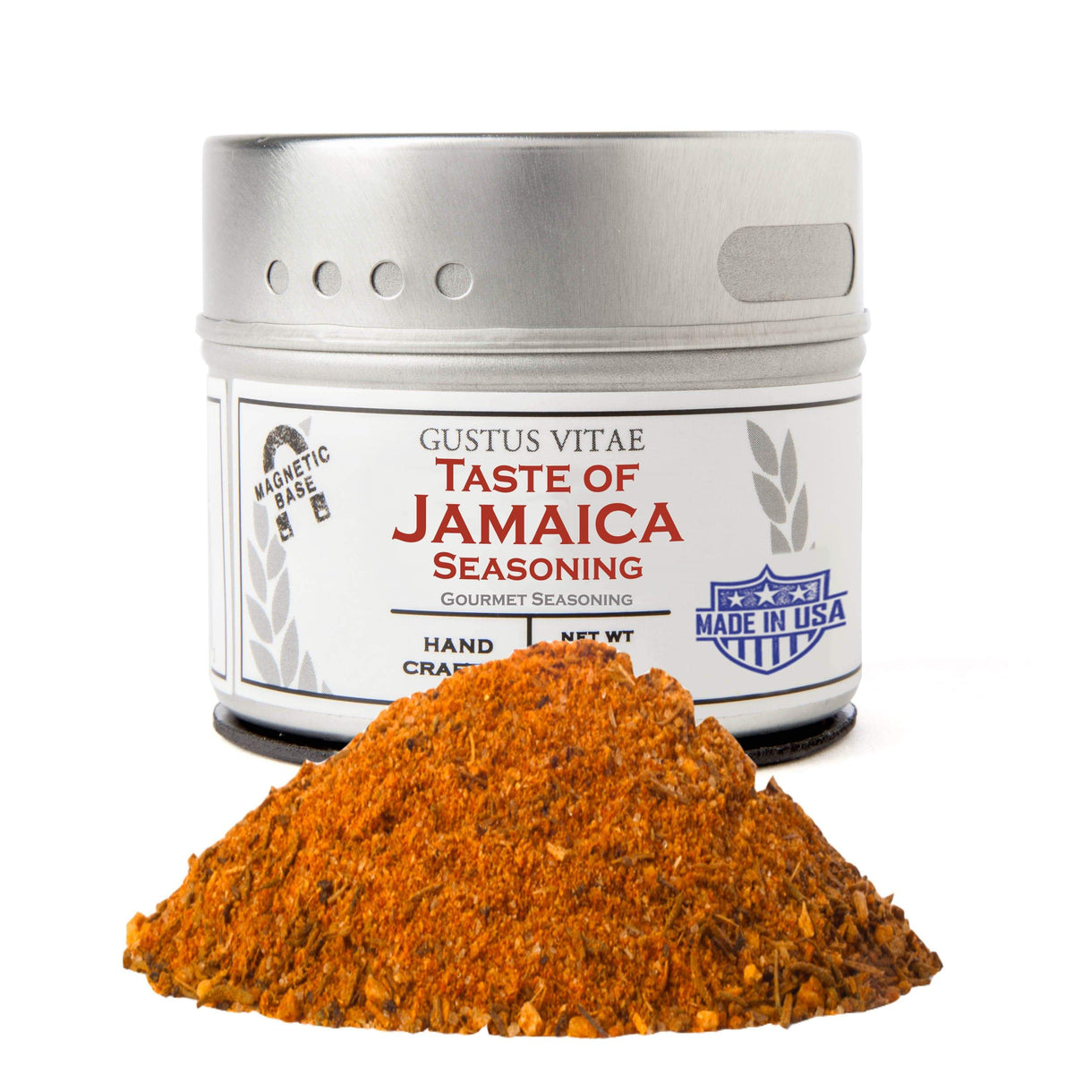 Jar of Taste of Jamaica gourmet seasonings by Gustus Vitae, featuring colorful spice blends and herbs for vibrant culinary flavor.