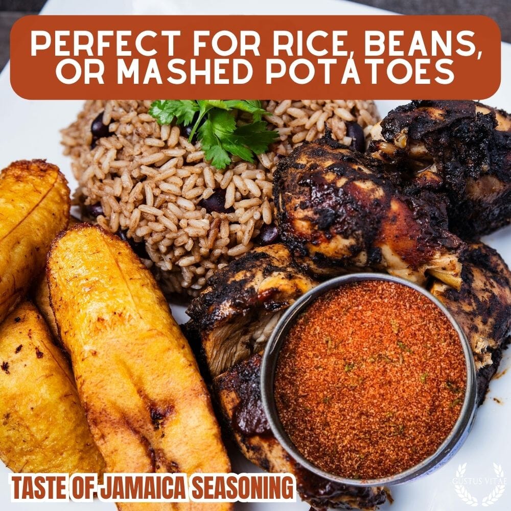 Gustus Vitae Taste of Jamaica gourmet seasoning jar with colorful label, perfect for adding Caribbean flavor to dishes