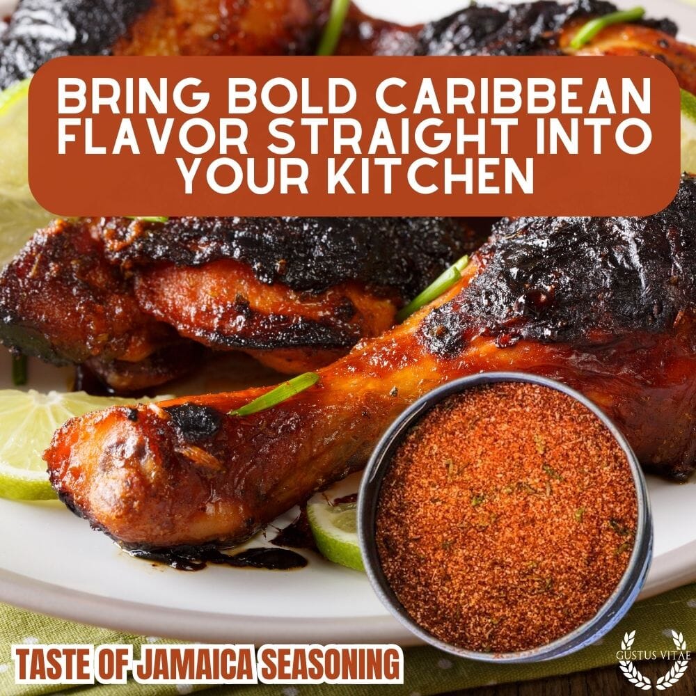 Jar of Taste of Jamaica gourmet seasonings by Gustus Vitae with colorful spices and herbs for flavorful cooking.