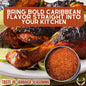 Jar of Taste of Jamaica gourmet seasonings by Gustus Vitae with colorful spices and herbs for flavorful cooking.