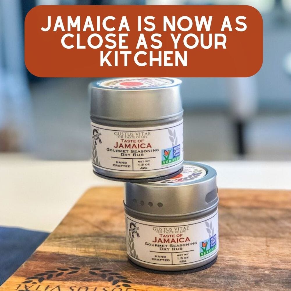 Gustus Vitae Taste of Jamaica gourmet seasoning jar with colorful label and spice blend for Caribbean-inspired dishes