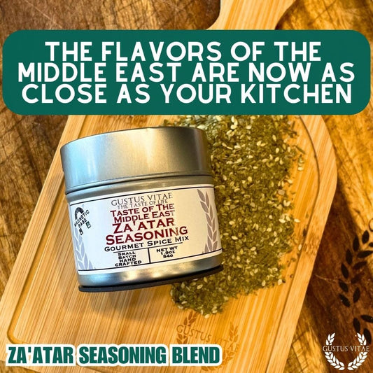 Gustus Vitae Za'atar seasoning blend in a jar, featuring a fragrant mix of herbs and spices for Middle Eastern cuisine.