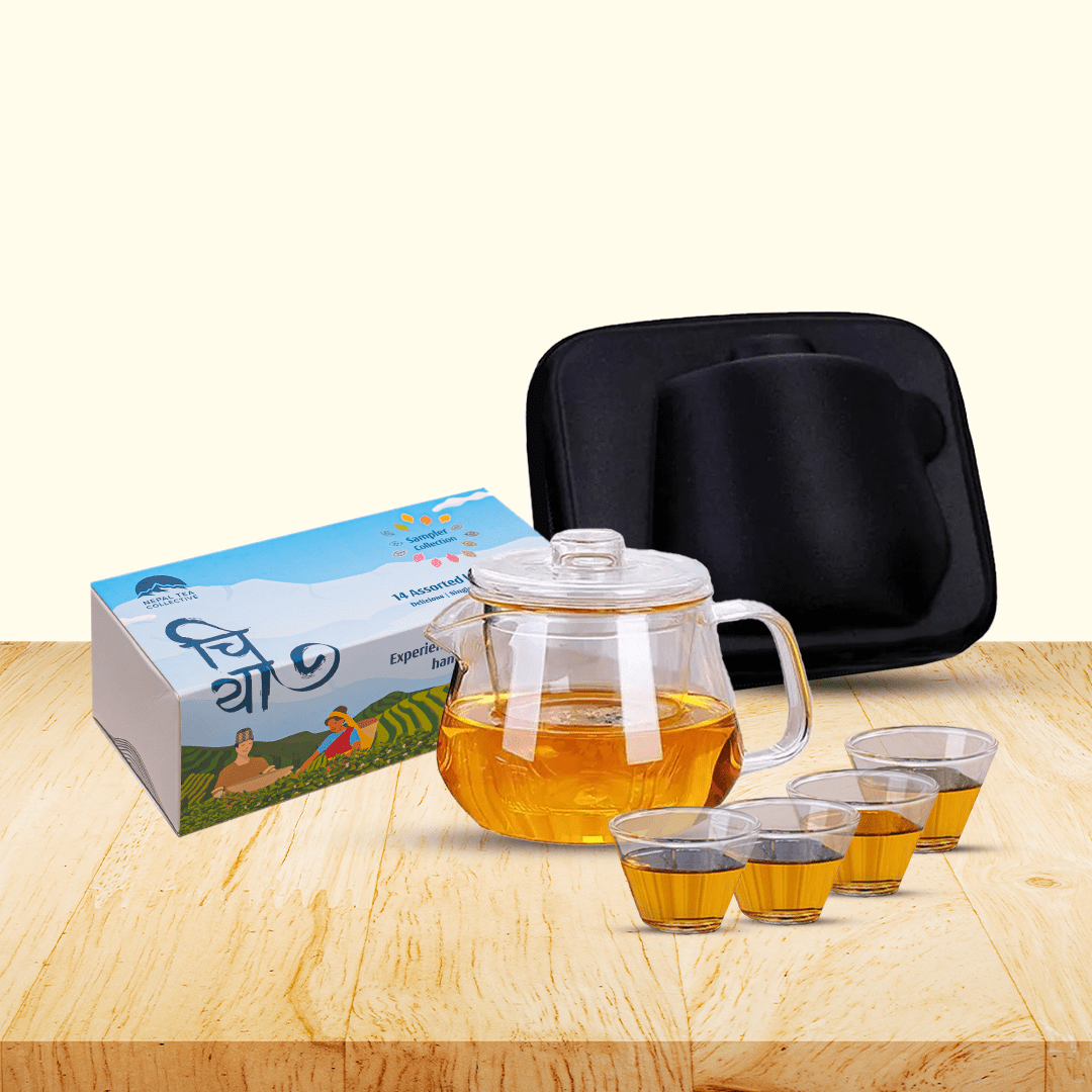 Nepal Tea The Tea Explorer Set bundle with assorted tea samples and brewing accessories, ideal for tea enthusiasts.