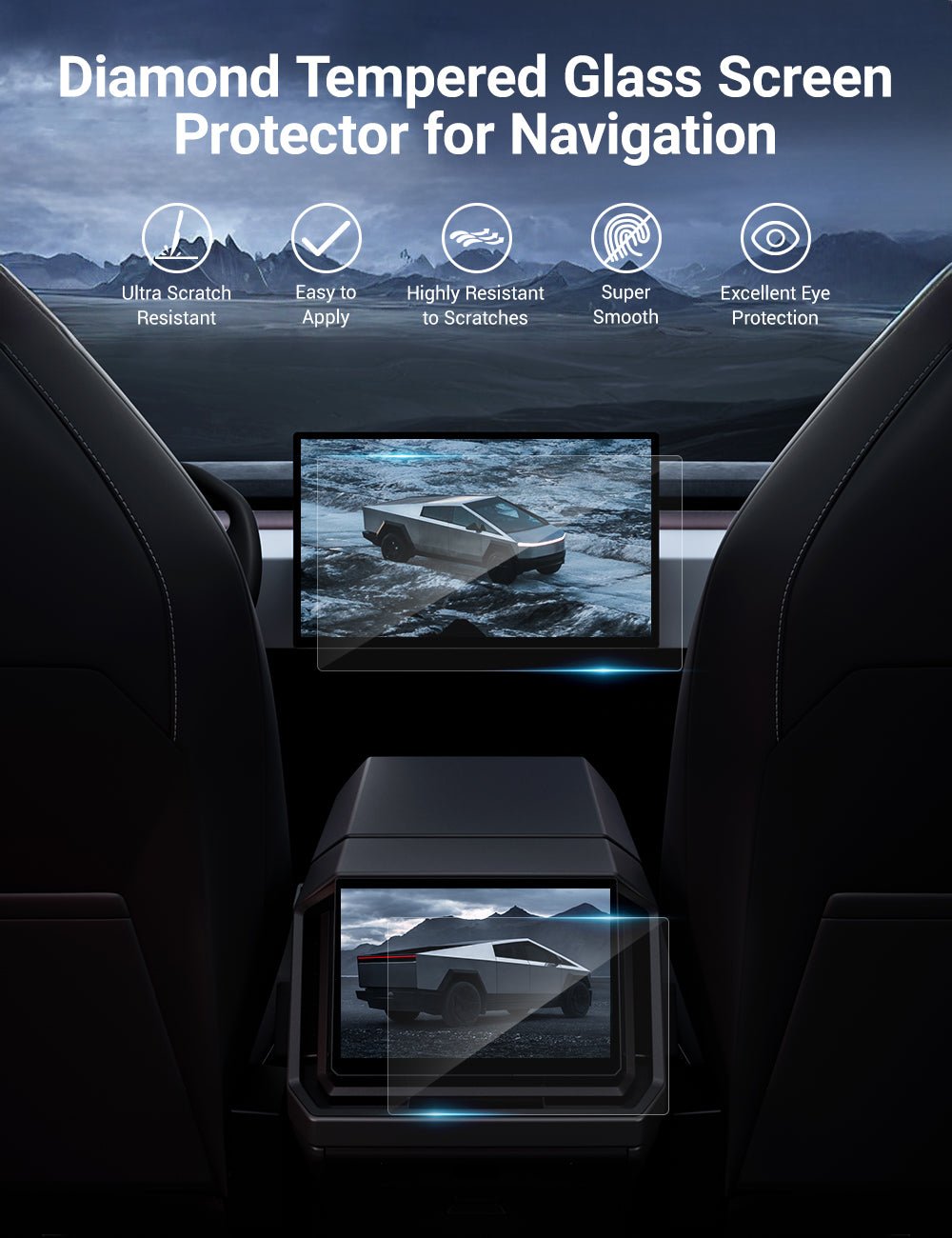 Tempered screen protector for Tesla Cybertruck, clear and durable, designed to safeguard the vehicle's display.