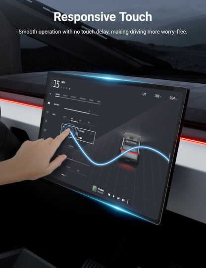 Tempered glass screen protector for Tesla Cybertruck, designed to protect the vehicle's display from scratches and impacts.