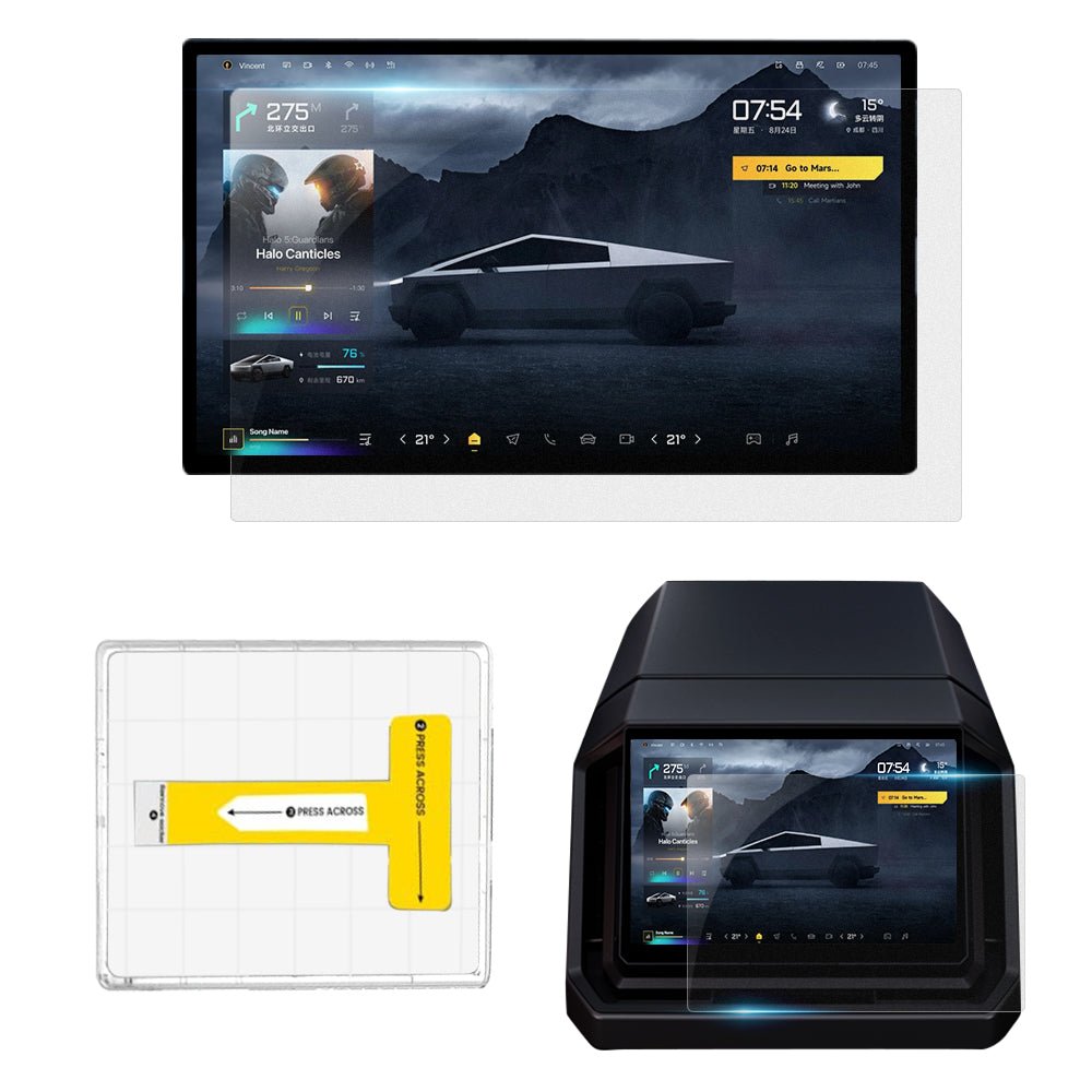 Tempered screen protector for Tesla Cybertruck, clear protective film covering the truck's dashboard display.